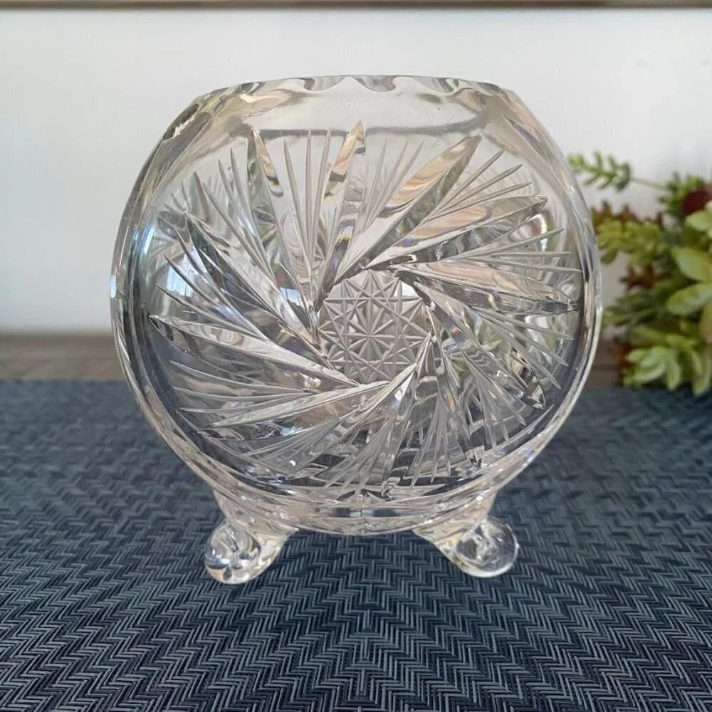 American Cut Crystal Corp Czech Footed Round Rose Vase